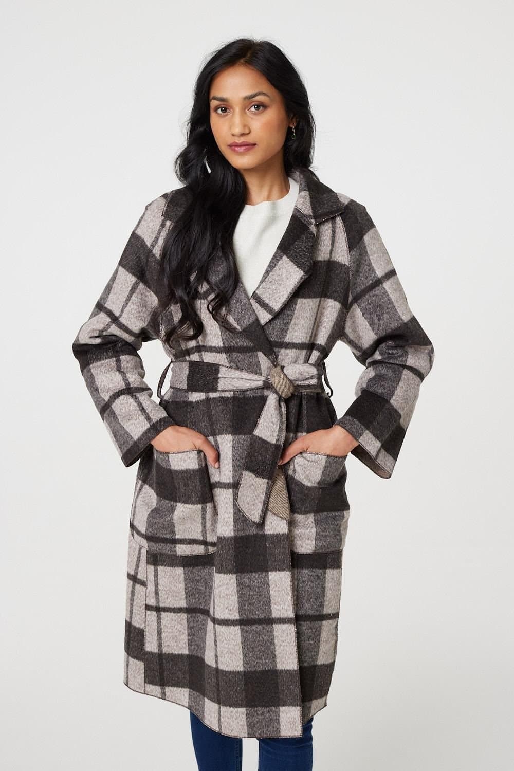 Izabel London Izabel London Women's Checked Longline Coat with Belt in Brown
