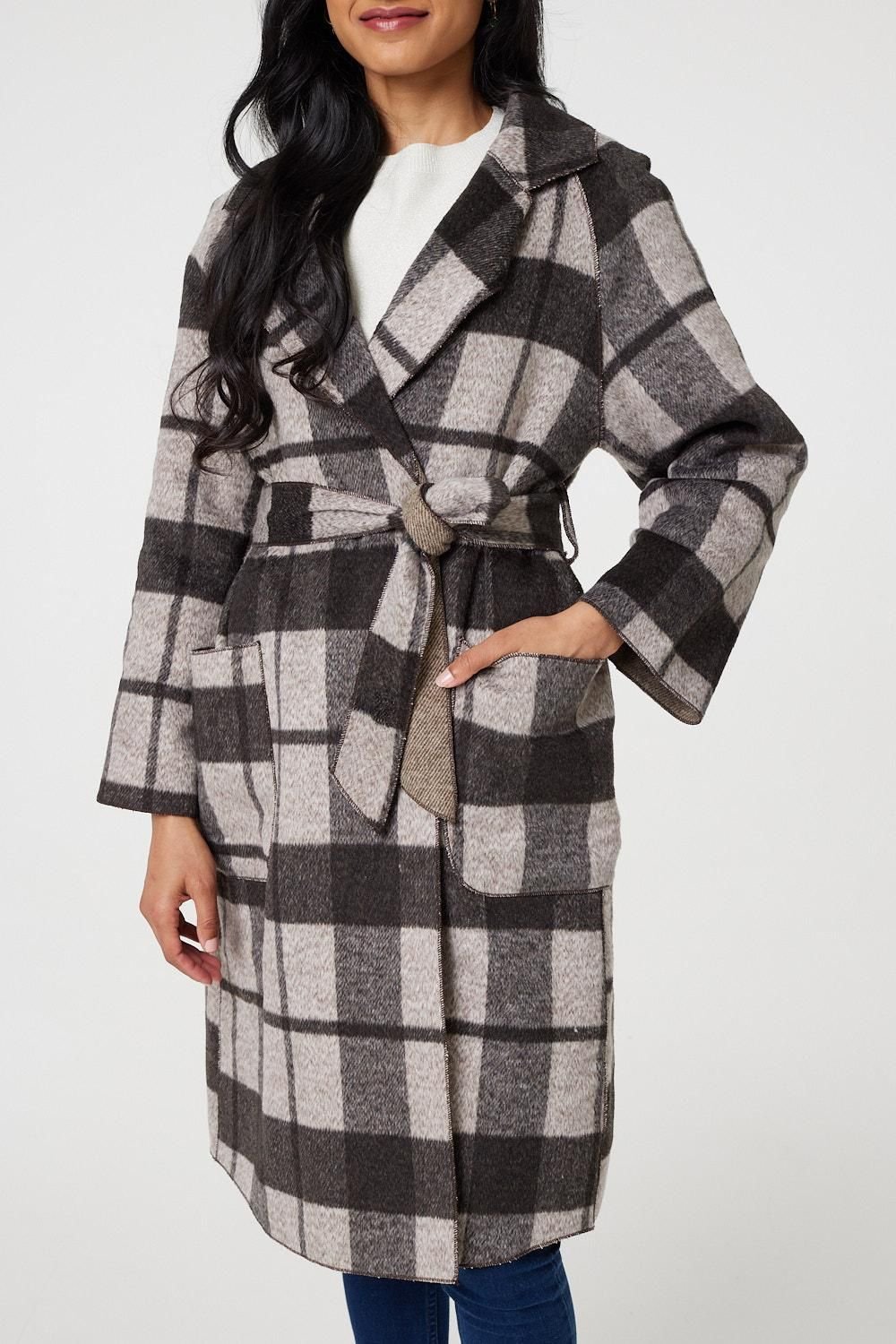 Izabel London Izabel London Women's Checked Longline Coat with Belt in Brown - 2