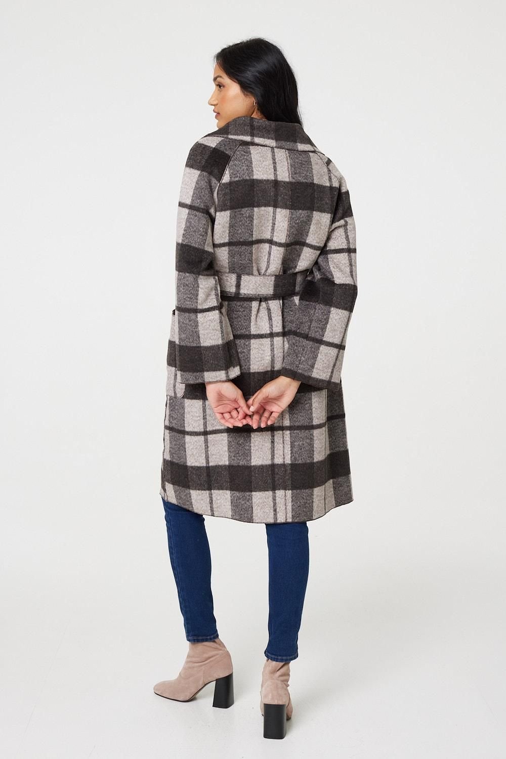 Izabel London Izabel London Women's Checked Longline Coat with Belt in Brown - 3