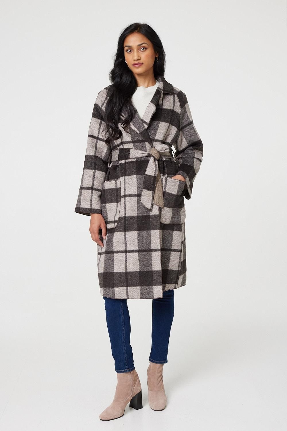Izabel London Izabel London Women's Checked Longline Coat with Belt in Brown - 4
