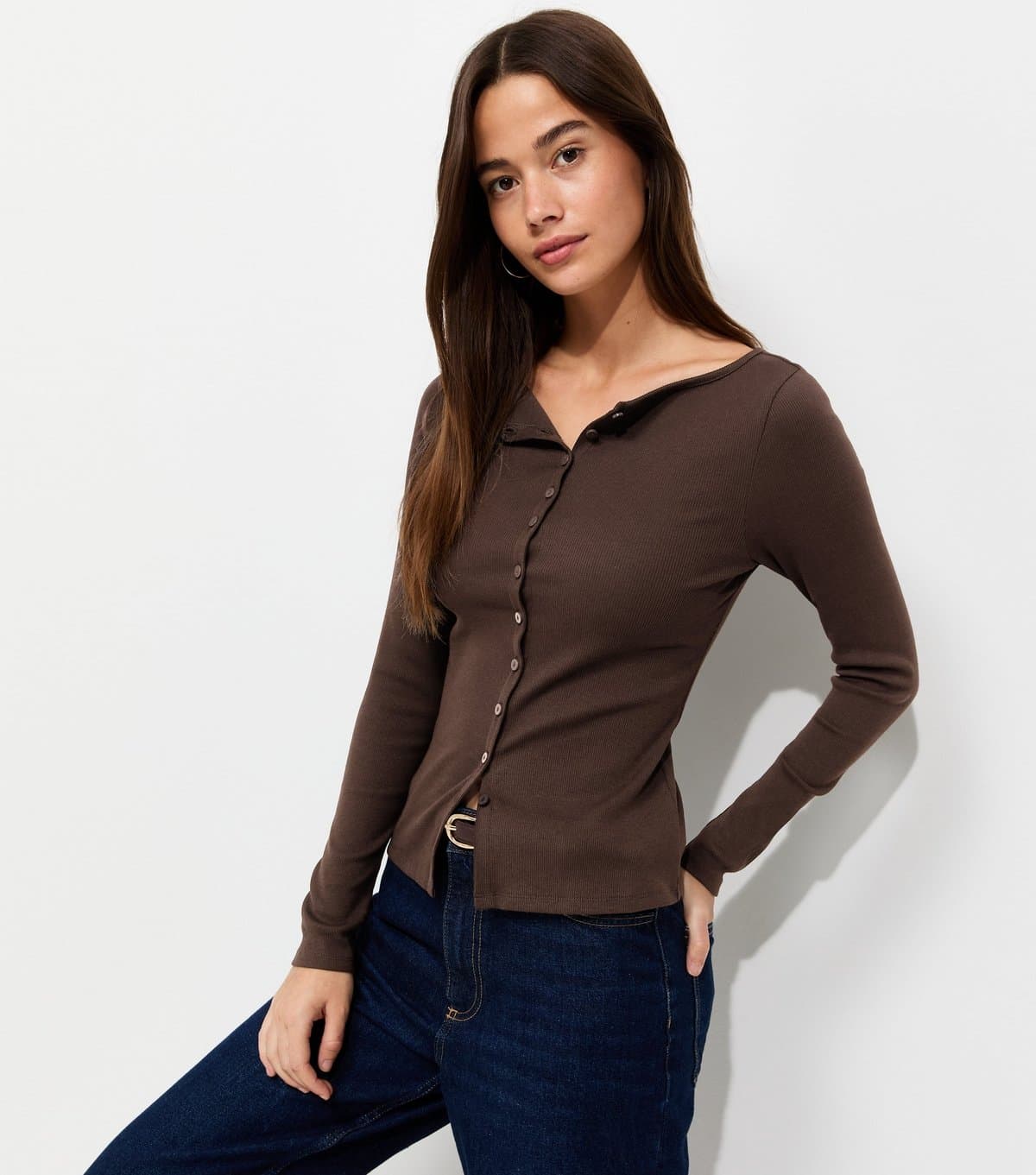 New Look Women's Dark Brown Rib Button Through Slash Neck Long Sleeve Top New Look