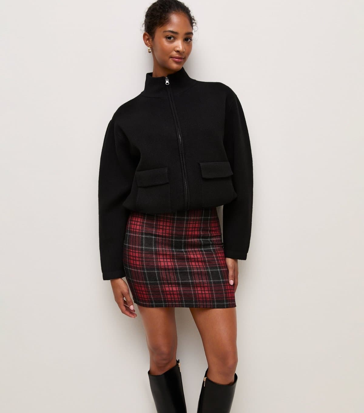 New Look Women's Red Checked Jersey Jacquard Tube Skirt New Look