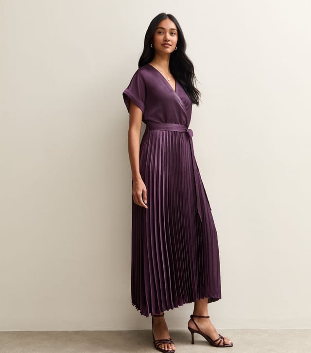 New Look Women's Dark Burgundy Satin Pleated Wrap Midi Dress New Look - 3