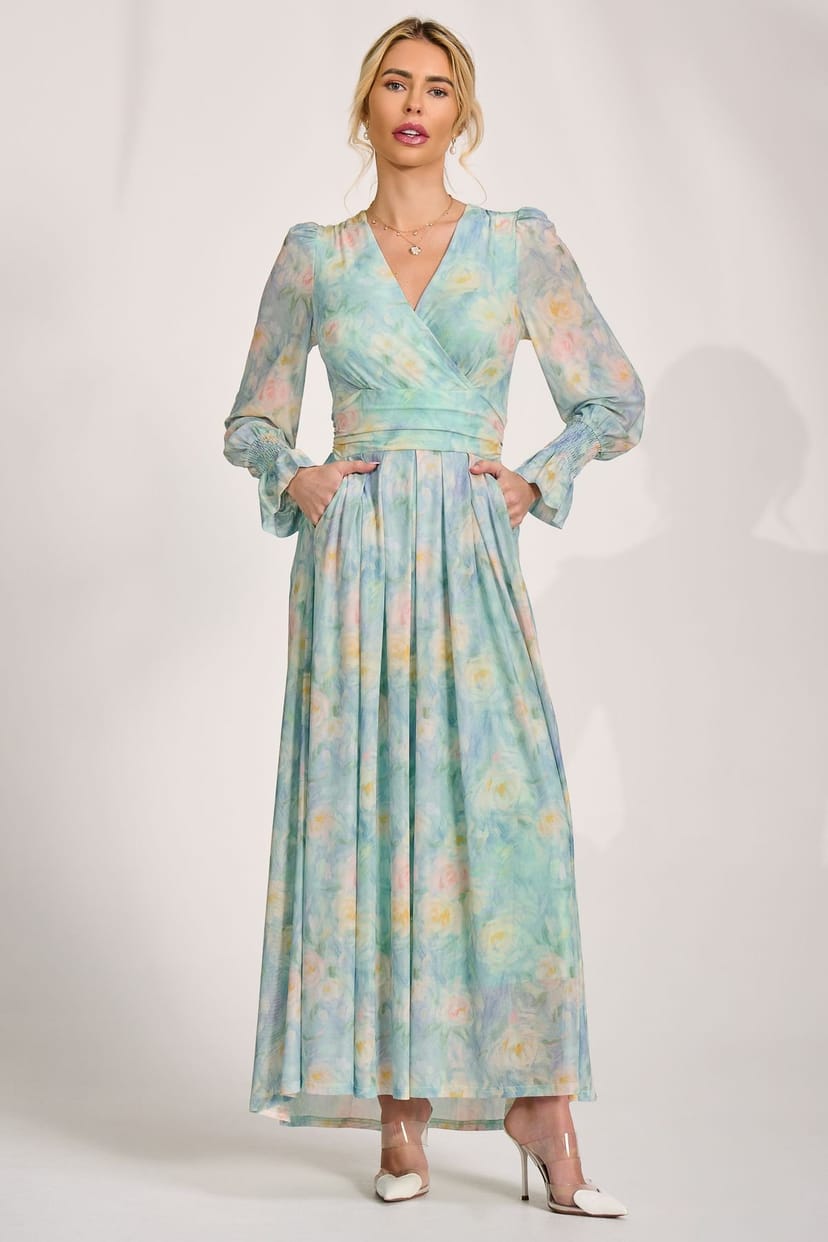 Jolie Moi Jolie Moi Women's Long Sleeve V Neck Mesh Maxi Dress in Light Green - 1