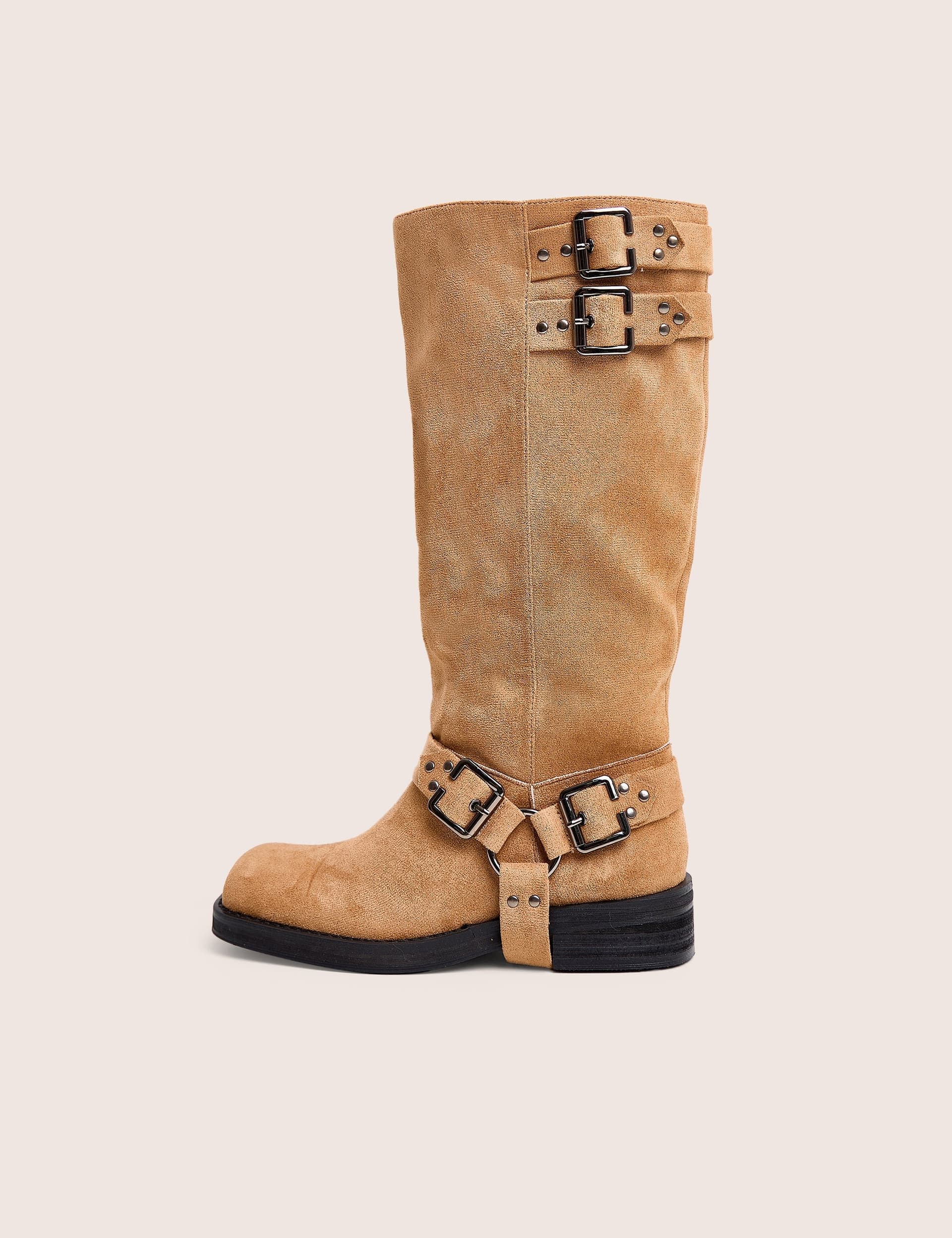 Public Desire Rooftop Taupe Faux Suede Vintage Knee High Biker Boots