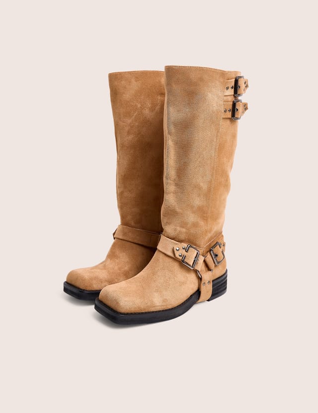 Public Desire Rooftop Taupe Faux Suede Vintage Knee High Biker Boots - 2