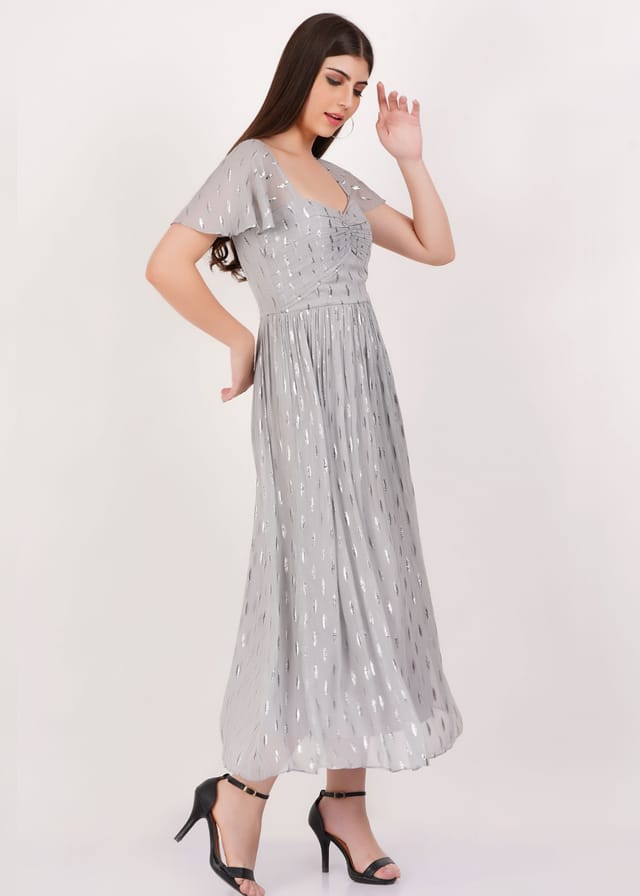 Gini London Gini London Women's Silver Jacquard Metallic Angel Sleeves Midi Dress - 3