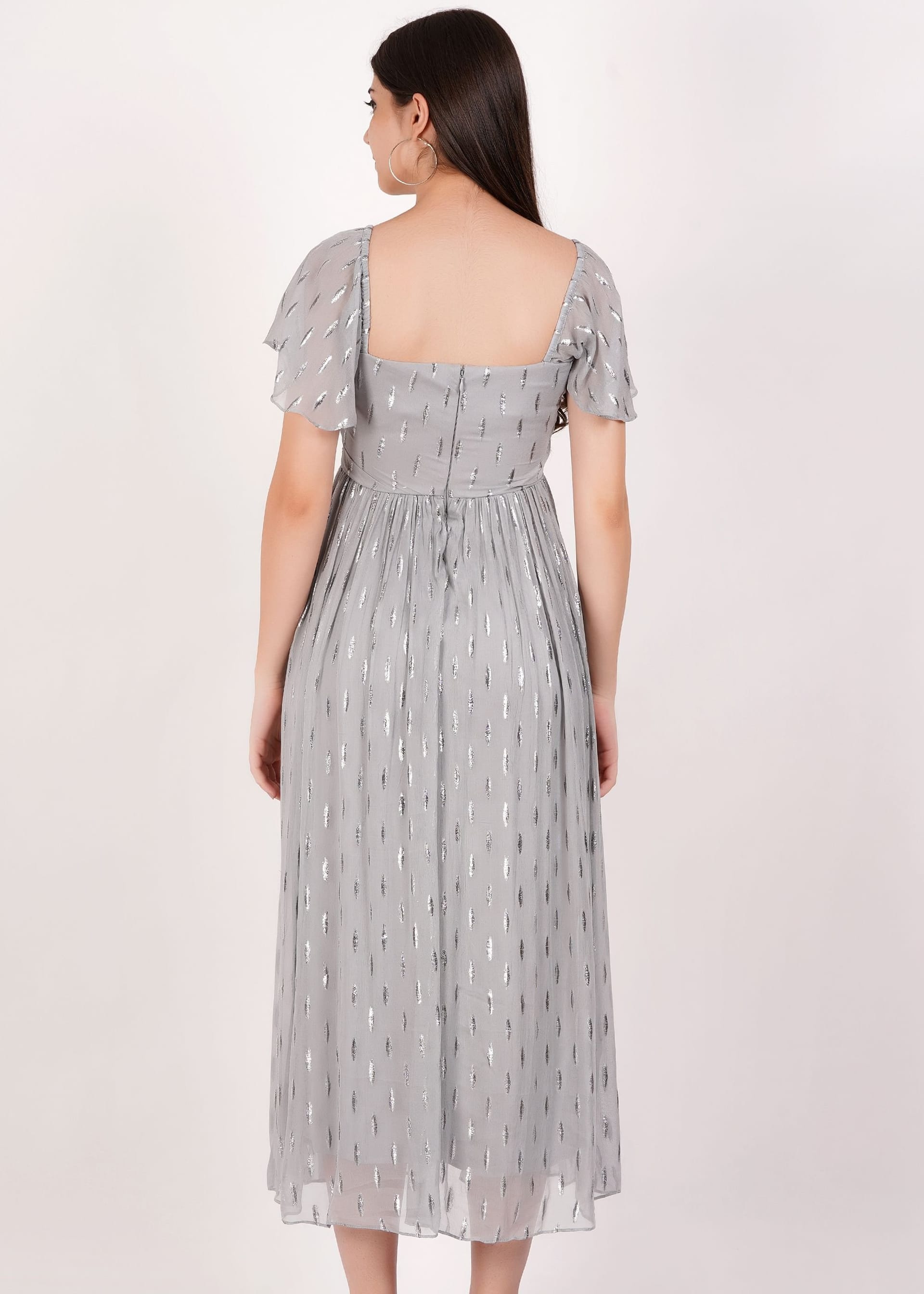 Gini London Gini London Women's Silver Jacquard Metallic Angel Sleeves Midi Dress - 4