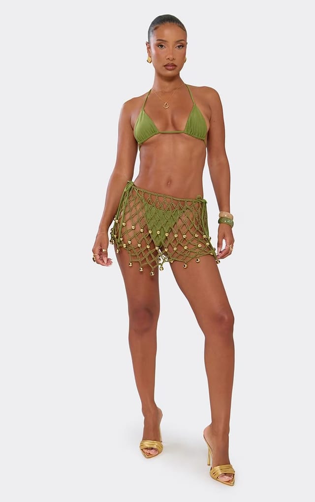 EGO Beaded Detail Mini Skirt In Olive Crochet Knit, Women's Size UK S - 2