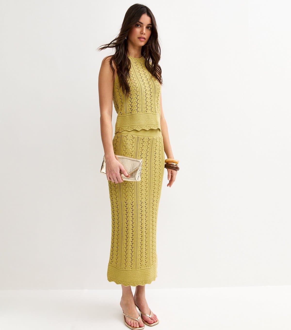 New Look Women's Green Cotton Rich Scallop Hem Pointelle Knit Skirt New Look