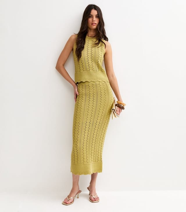 New Look Women's Green Cotton Rich Scallop Hem Pointelle Knit Skirt New Look - 2