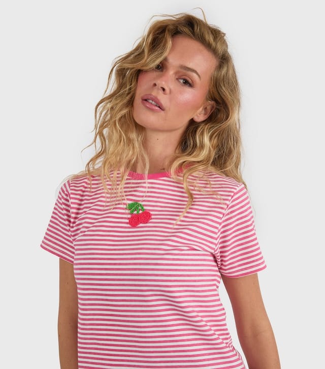 Skinnydip Women's Pink Cotton Striped Beaded Cherry Baby Tee Skinnydip New Look - 3