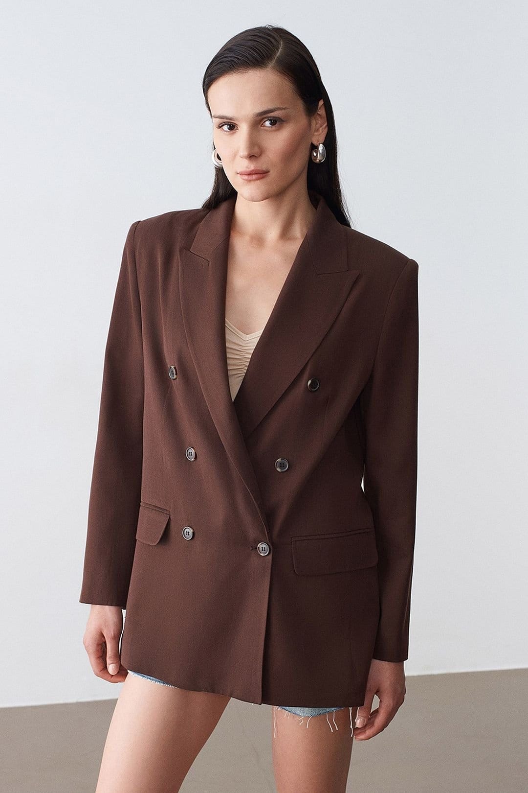 Dilvin Women's Long Tencel Shawl-Collar Blazer in Chocolate