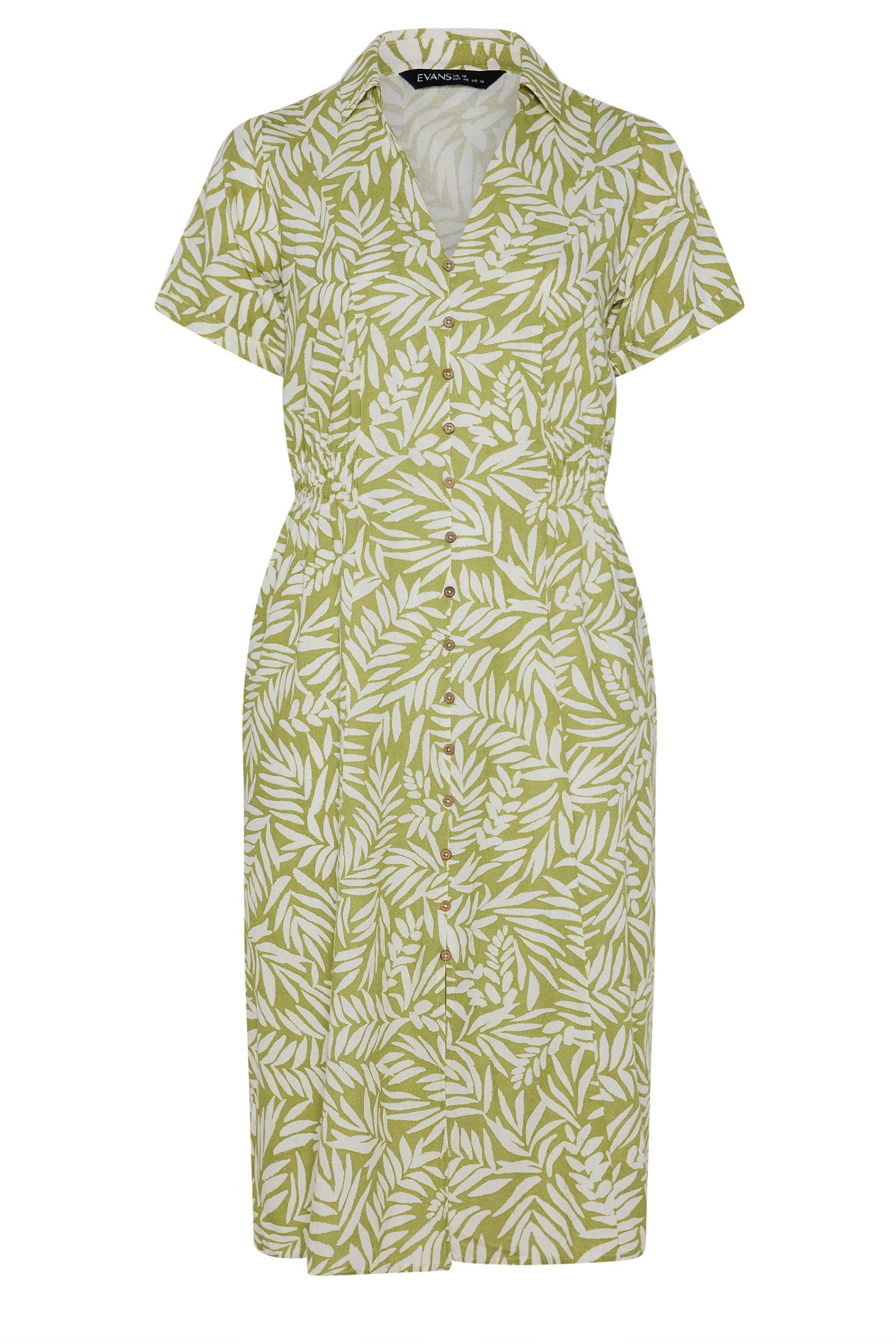 Evans Evans Women's Shirred Waist Midi Linen Dress in Green - 2