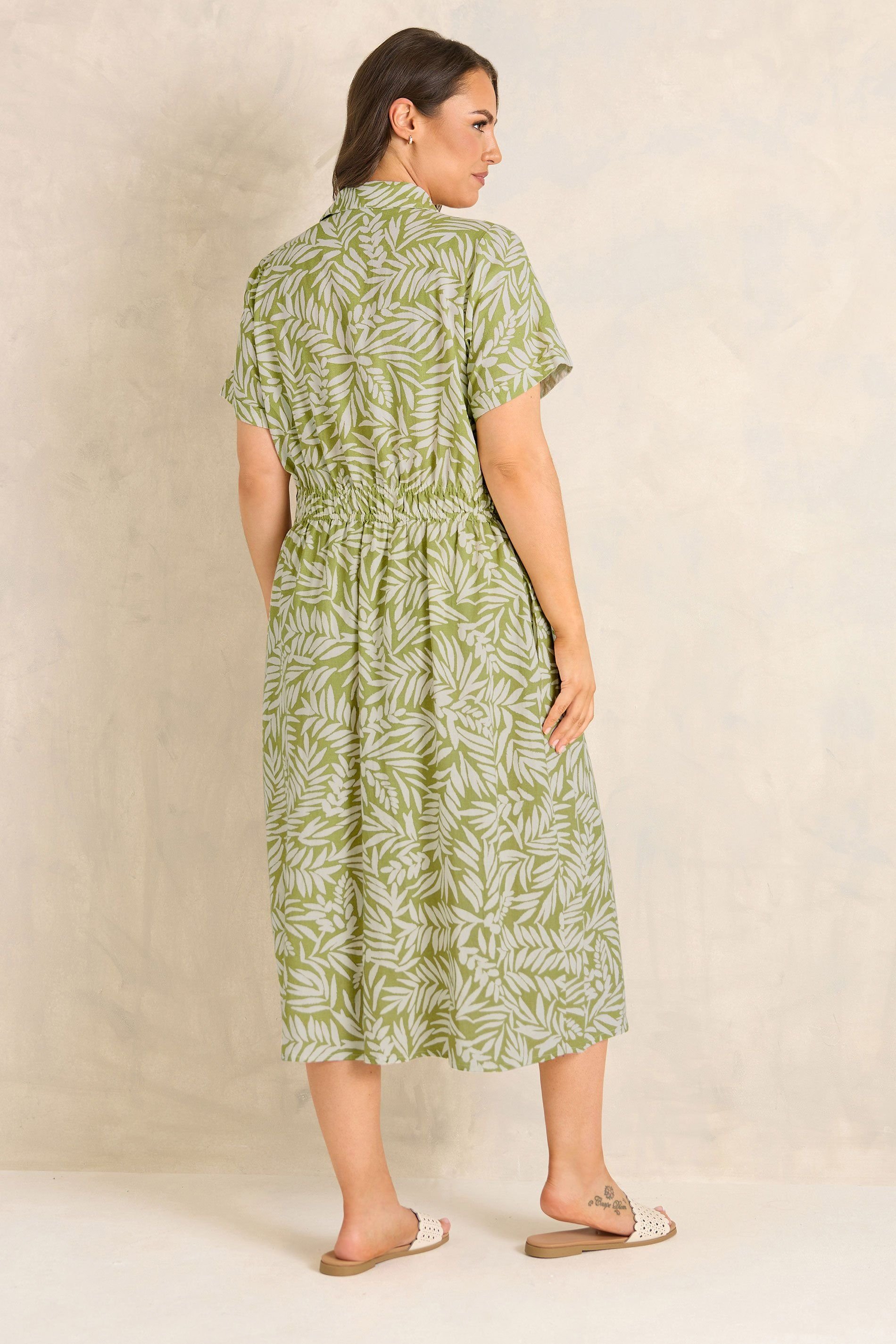 Evans Evans Women's Shirred Waist Midi Linen Dress in Green - 3