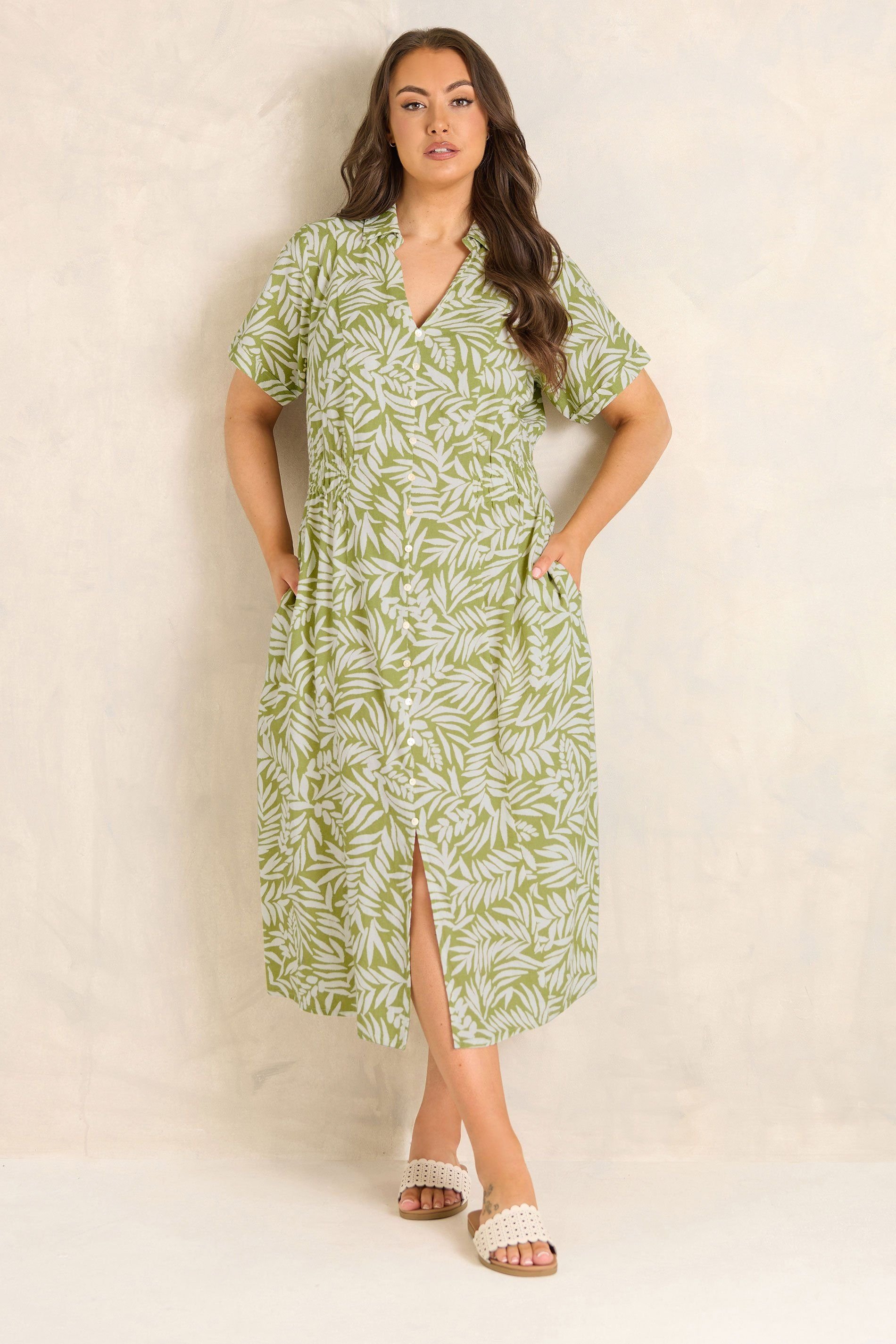 Evans Evans Women's Shirred Waist Midi Linen Dress in Green - 4