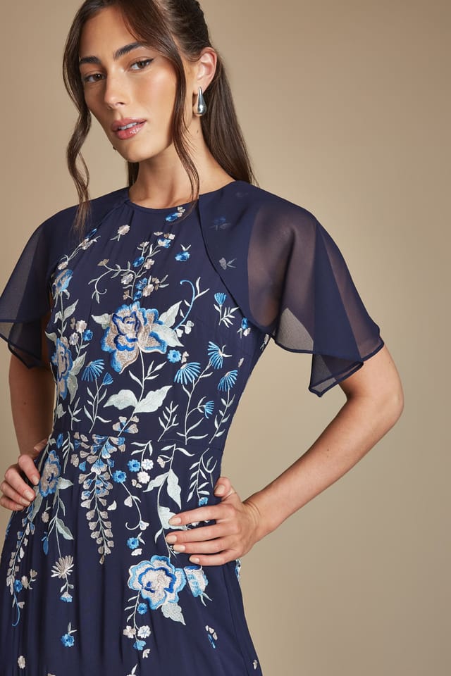 Coast Coast Women's Embroidered Trailing Floral Cape Detail Tiered Bridesmaid Dress in Navy - 2