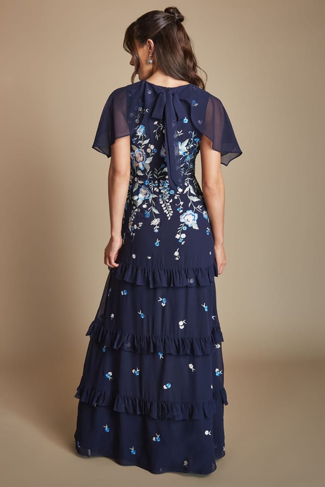 Coast Coast Women's Embroidered Trailing Floral Cape Detail Tiered Bridesmaid Dress in Navy - 3