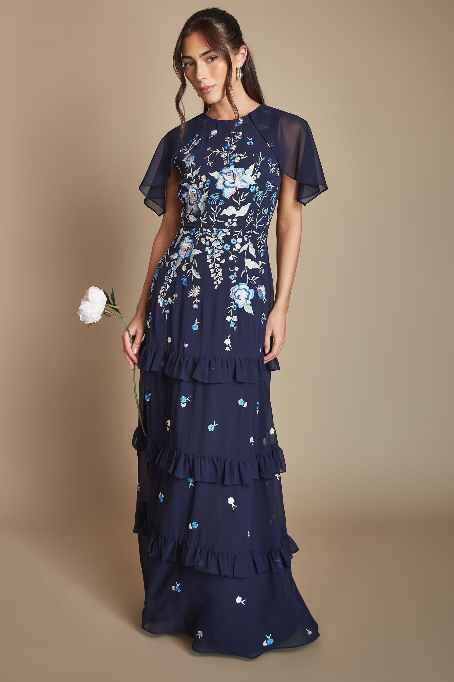 Coast Coast Women's Embroidered Trailing Floral Cape Detail Tiered Bridesmaid Dress in Navy - 4