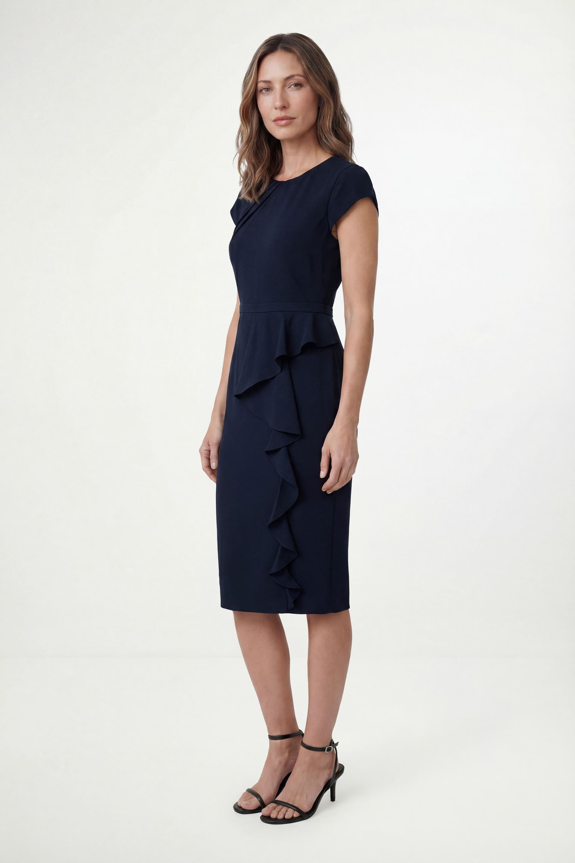 Wallis Wallis Women's Petite Crepe Pleat Ruffle Midi Dress in Navy