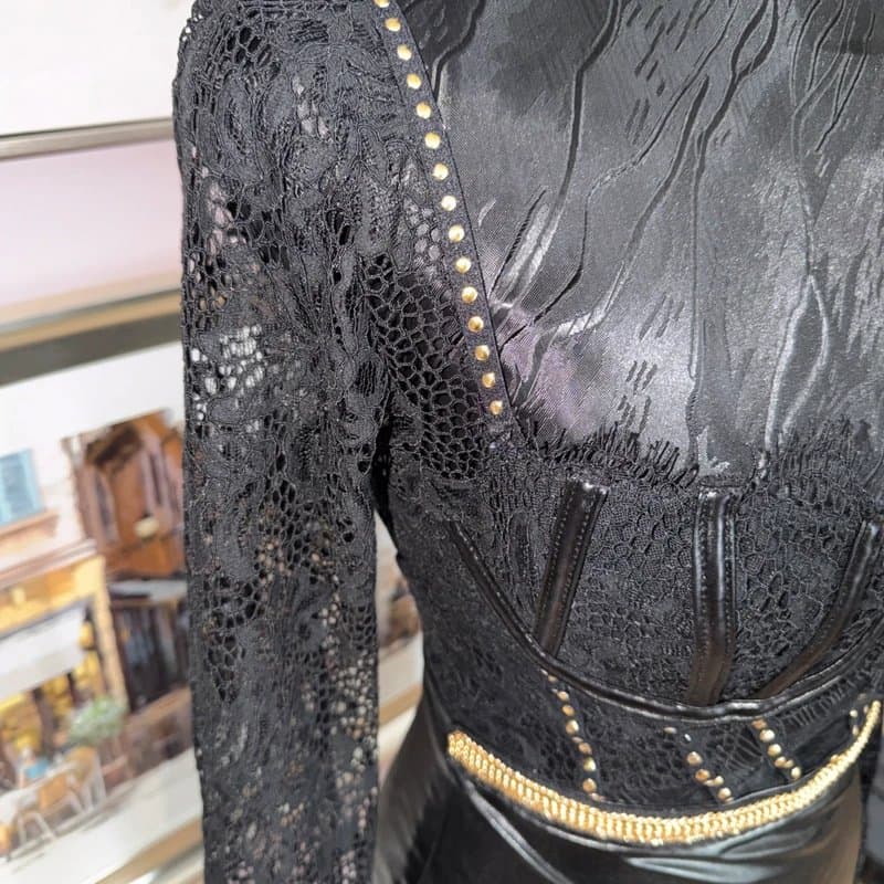 Ann Summers Ann Summers Black Lace & Faux Leather Mini Dress UK 8 Gold Stud Corset Party