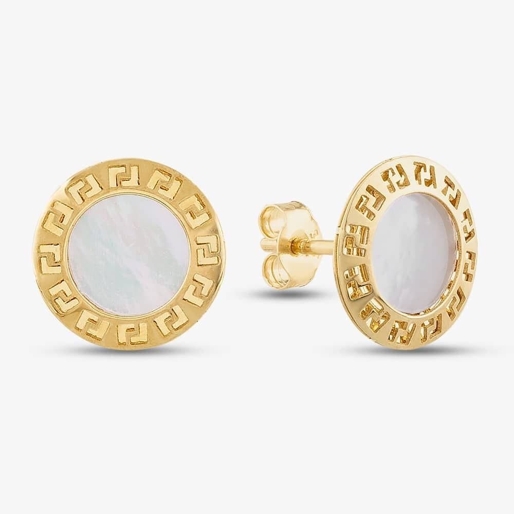 T.H.Baker T.H.Baker Women's 9ct Yellow Gold Mother of Pearl Grecian Key Disc Stud Earrings 1.59.0849