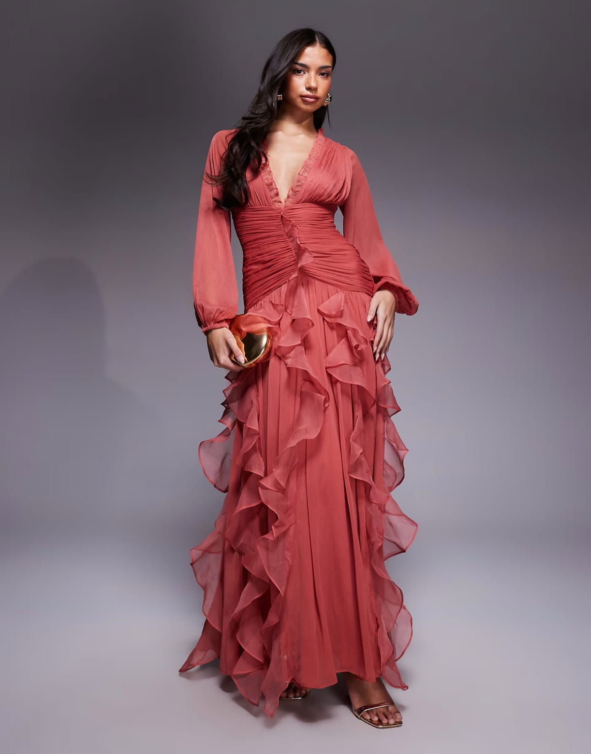 ASOS ASOS LUXE ruched long sleeve maxi dress with waterfall detail in faded rose - 1