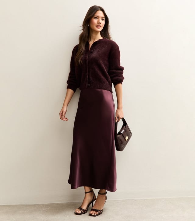 New Look Women's Dark Burgundy Satin Bias Cut Midi Skirt New Look - 3