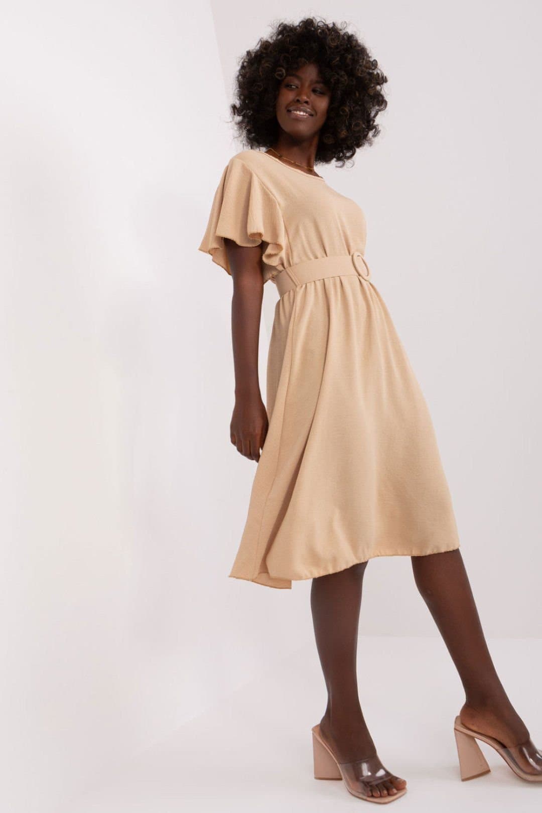 Love Lace Love Lace Women's Italian Ruffle Sleeve Belted Summer Dress in Beige