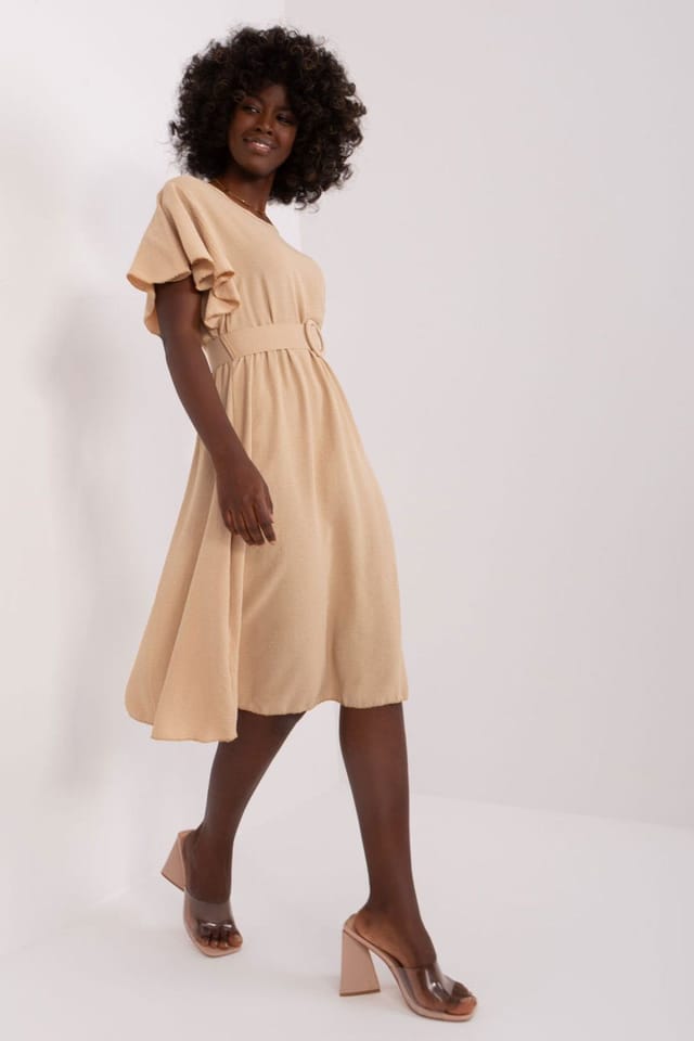 Love Lace Love Lace Women's Italian Ruffle Sleeve Belted Summer Dress in Beige - 2