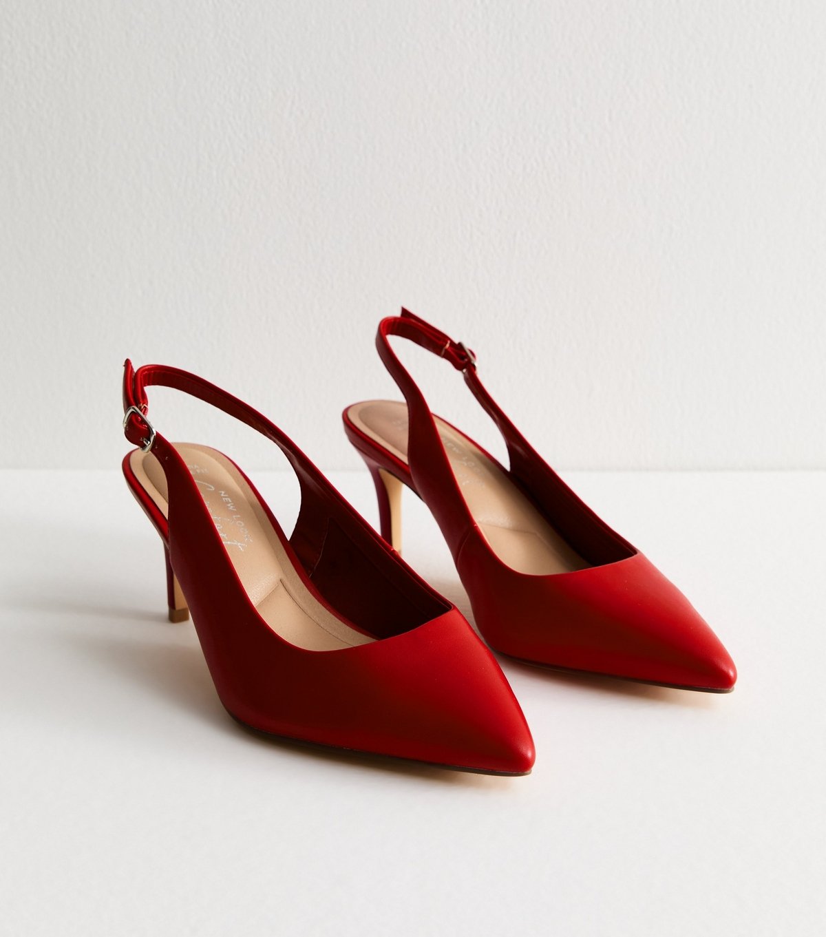 New Look Women's Extra Wide Fit Bright Red Faux Leather Slingback Court Shoes Vegan New Look - 3