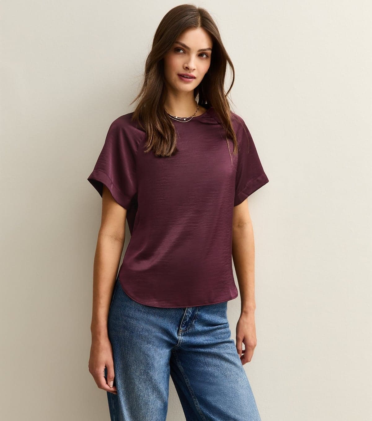 New Look Women's Tall Dark Burgundy Satin Short Sleeve Top New Look