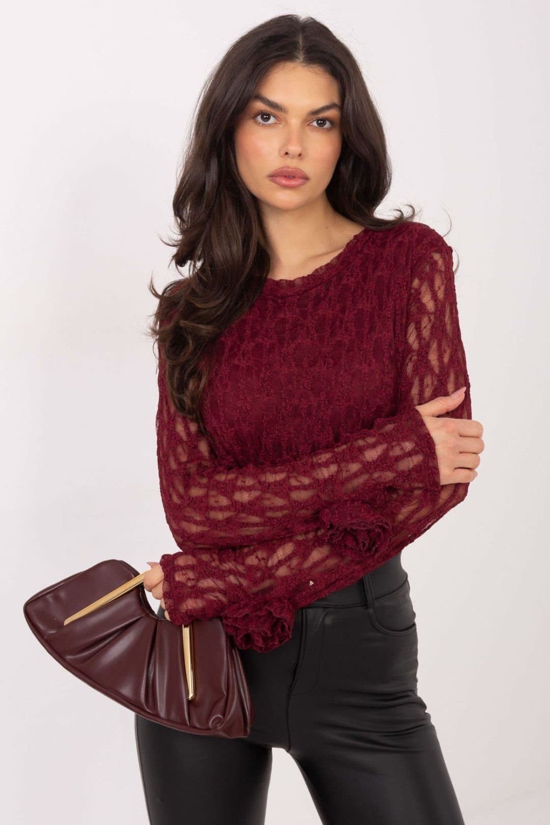 Love Lace Love Lace Women's Elegant Rose Detail Lace Fitted Blouse in Red