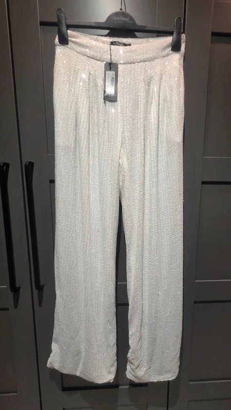Nasty Gal Sparkly white sequin wide leg trousers party hlliday wedding hen size 8-10 nasty gal
