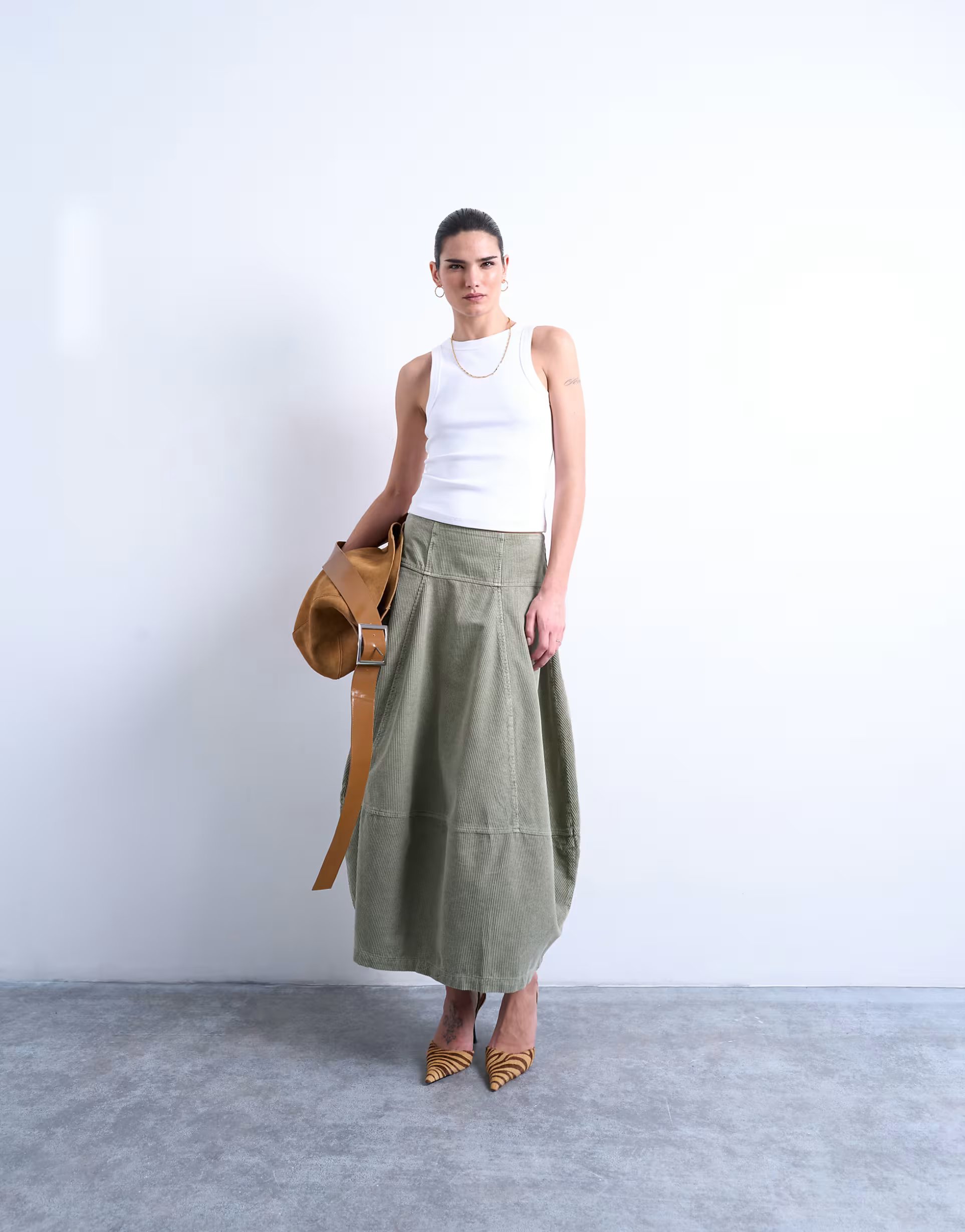 ASOS Topshop seamed barrel maxi skirt in sage cord - 1