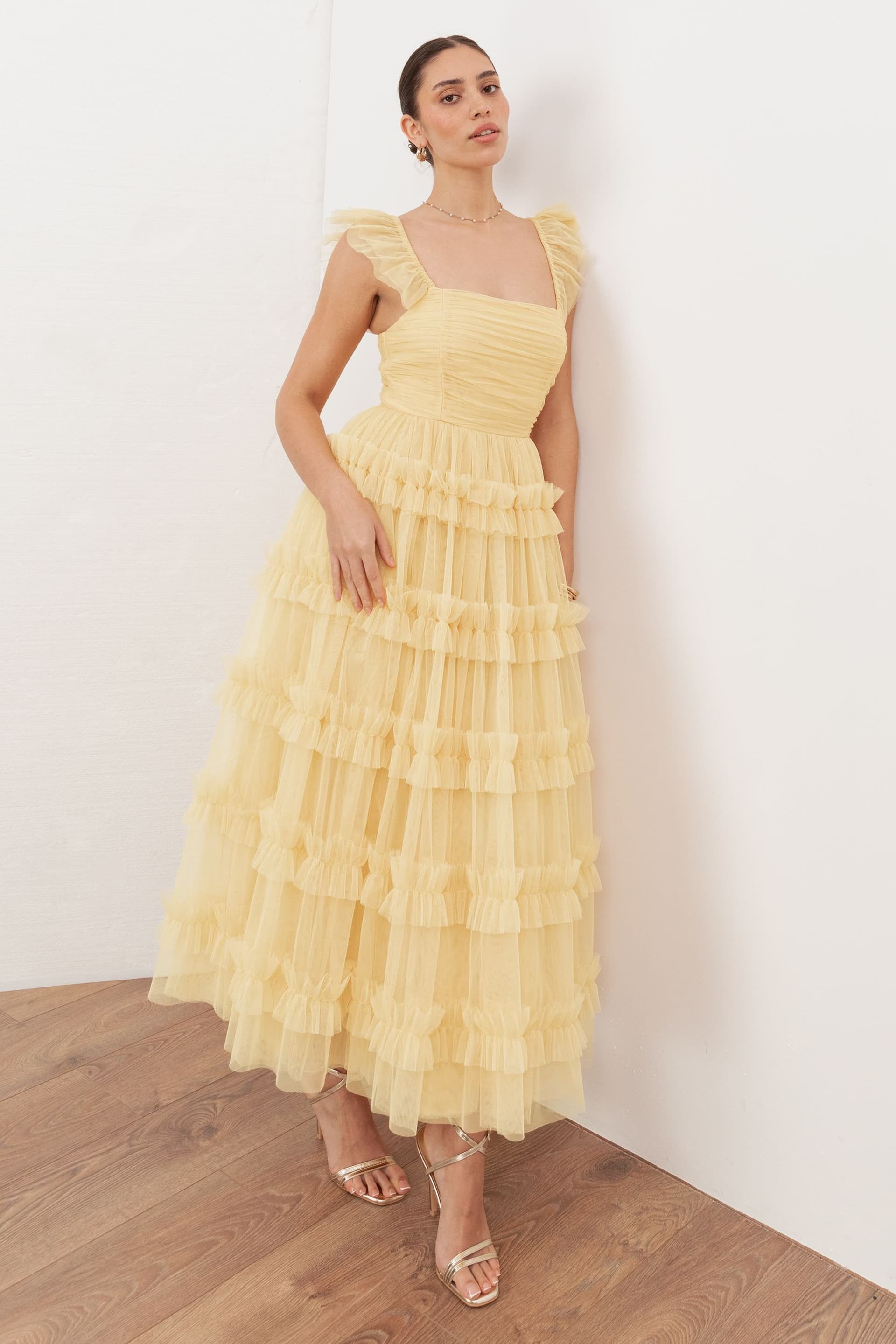 anaya with love Anaya with Love Women's Square Neck Flutter Sleeve Frill Midaxi Dress in Yellow