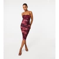 Pink Vanilla Women's Burgundy Smoke Print Mesh Midi Dress Pink Vanilla New Look