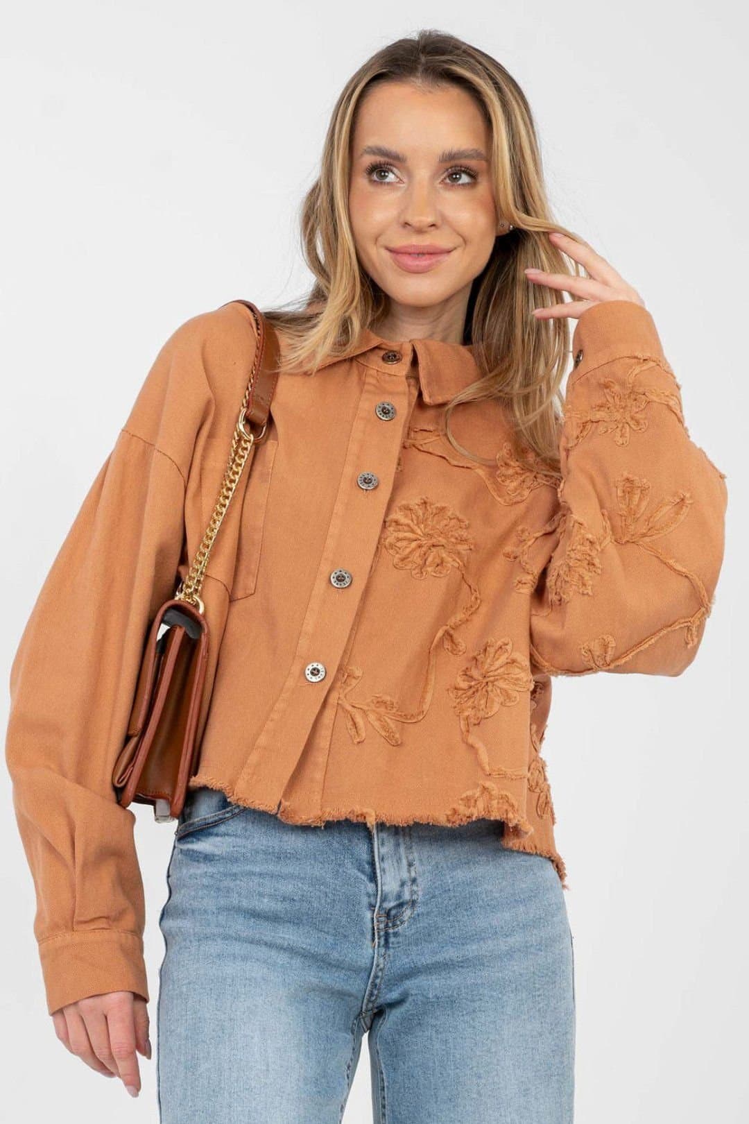 Love Lace Love Lace Women's Embroidered Fringe Denim Jacket for Daily Wear in Orange