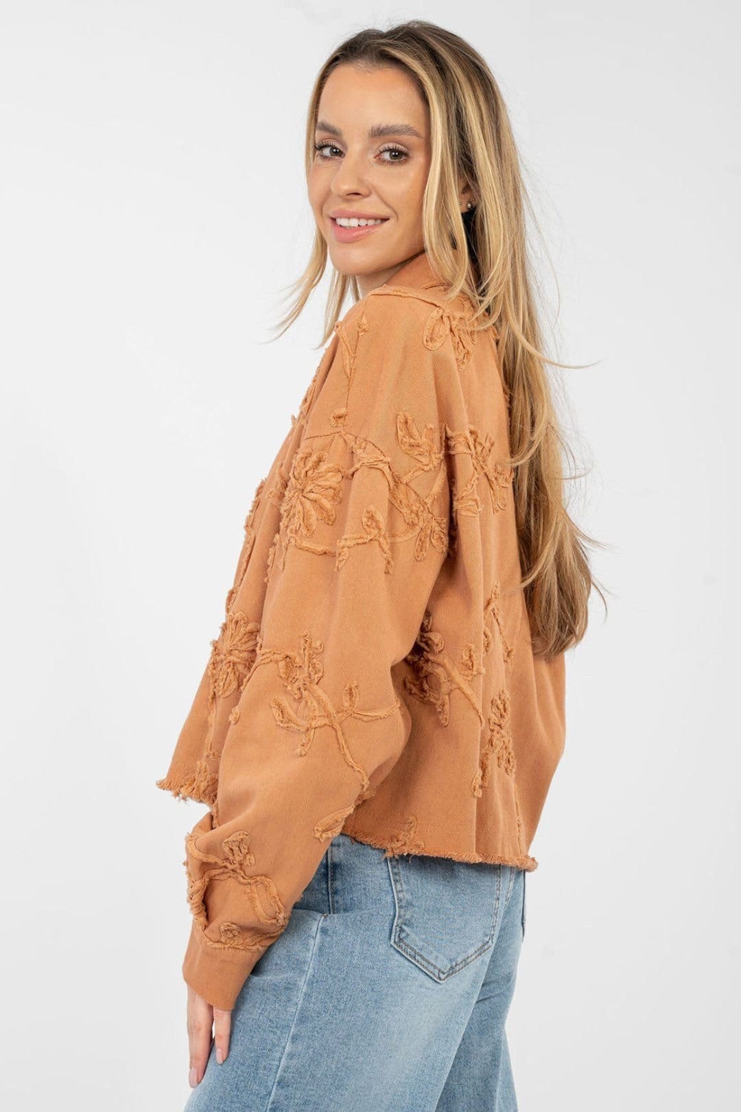 Love Lace Love Lace Women's Embroidered Fringe Denim Jacket for Daily Wear in Orange - 4
