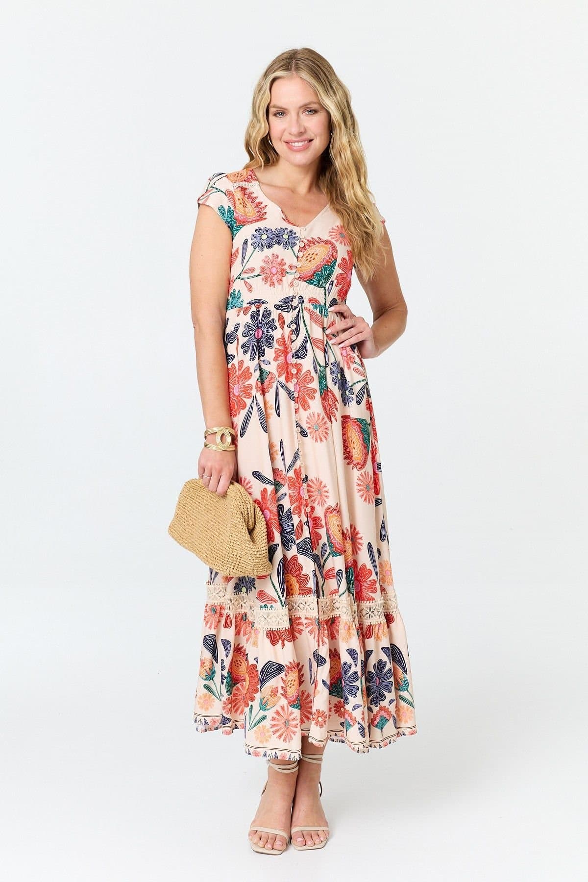 Izabel London Izabel London Women's Floral Cap Sleeve V-Neck Maxi Dress in Orange