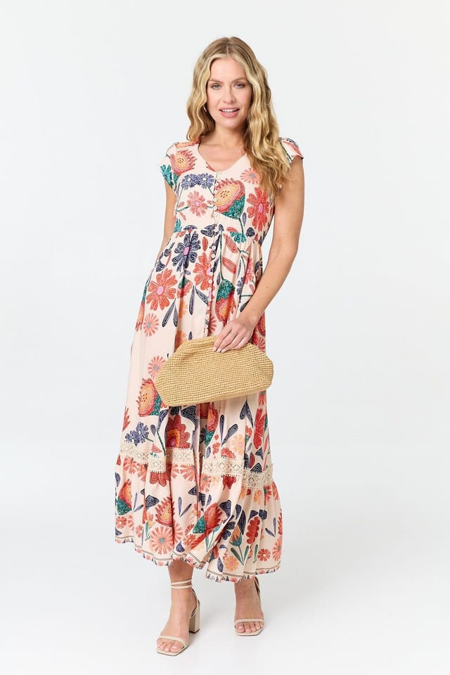 Izabel London Izabel London Women's Floral Cap Sleeve V-Neck Maxi Dress in Orange - 2