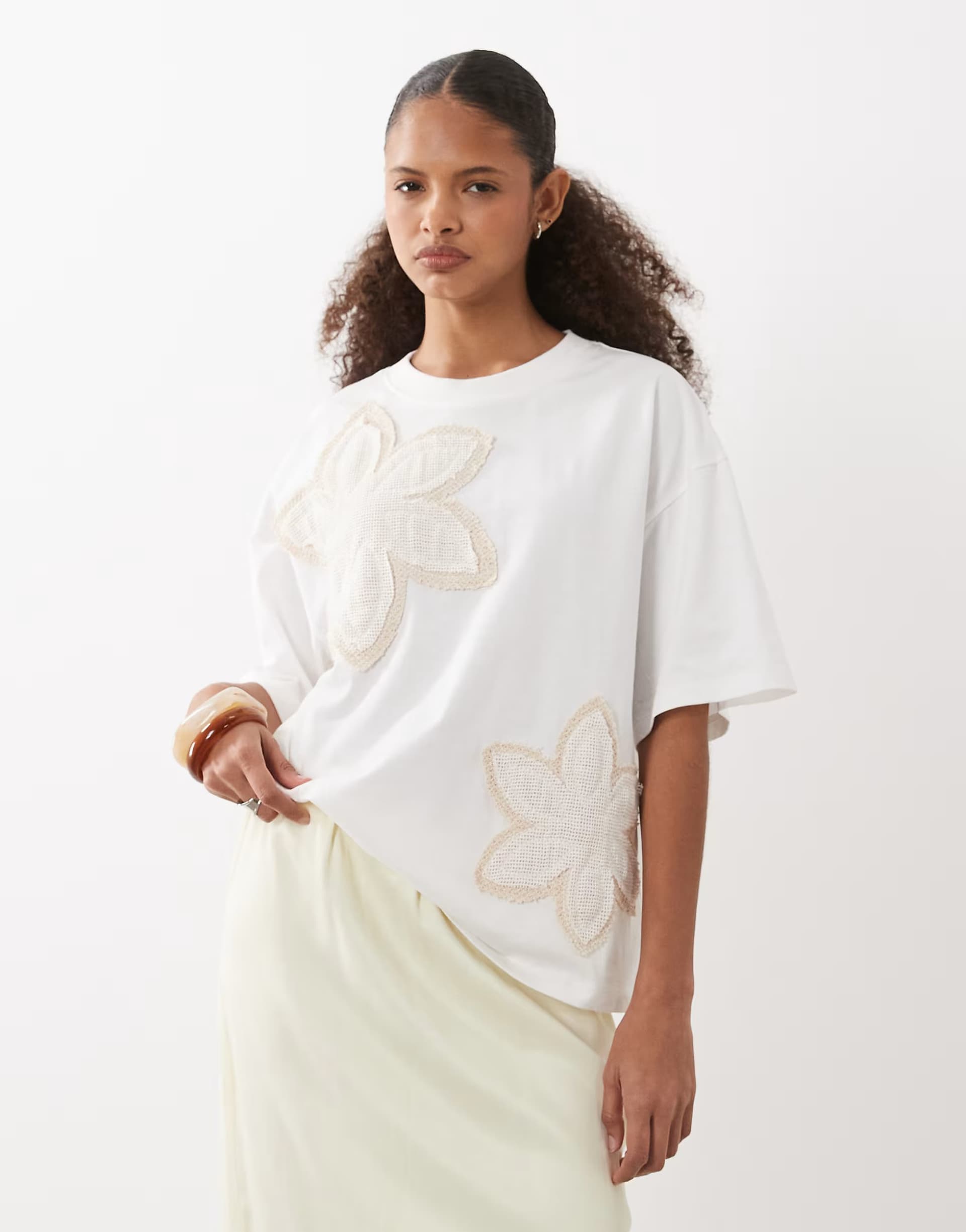 ASOS ASOS DESIGN boxy tee with embroidered crochet flowers in cream
