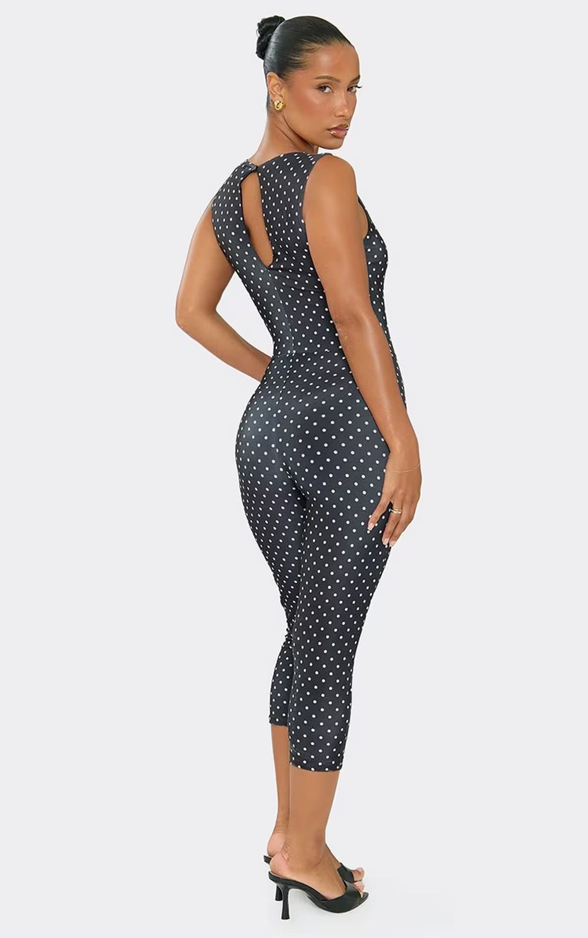 EGO Sleeveless Slash Neck Capri Jumpsuit In Black Polka Dot, Women's Size UK 6