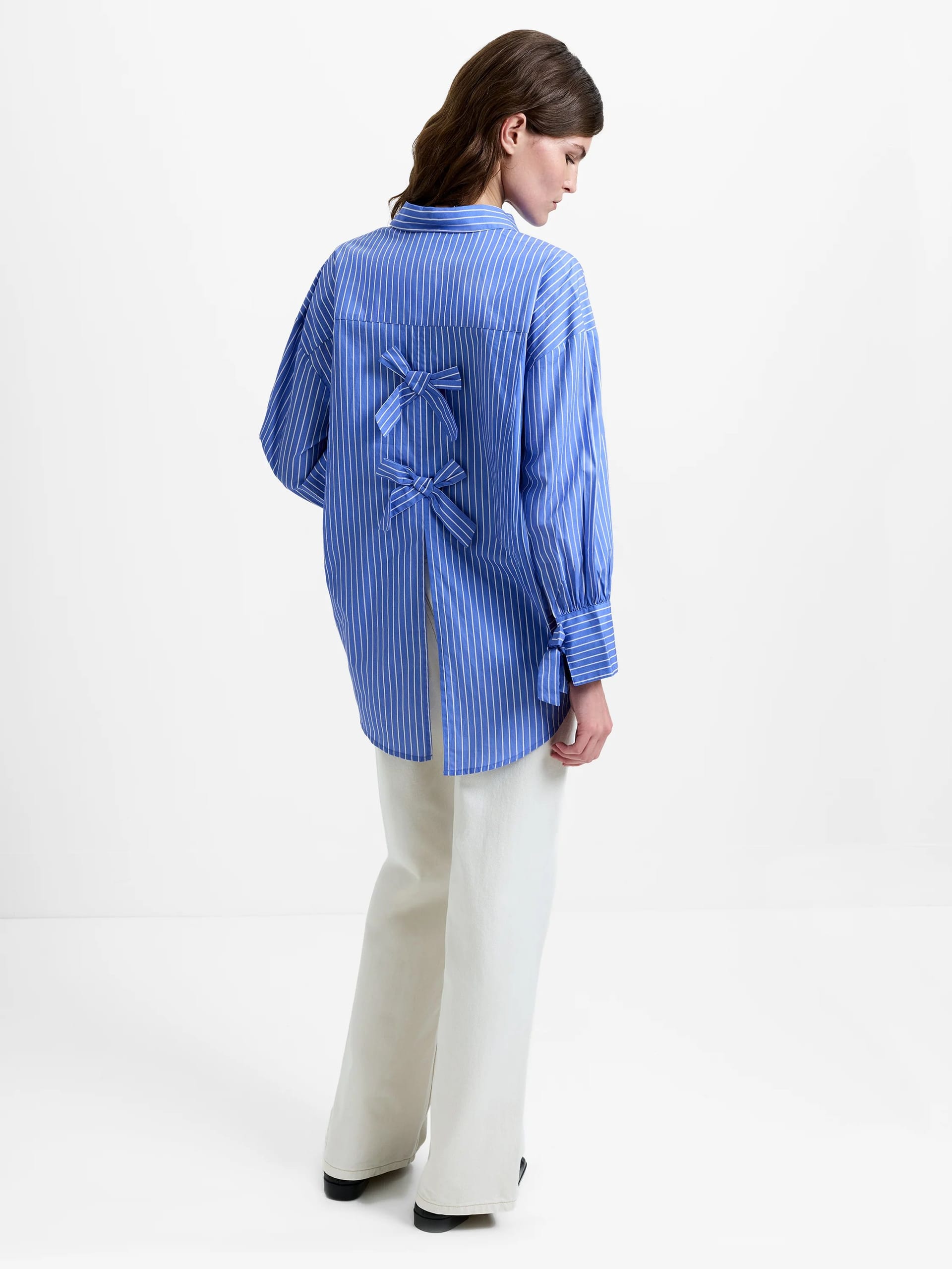 French Connection Blue Striped Bow Detail Cotton Shirt