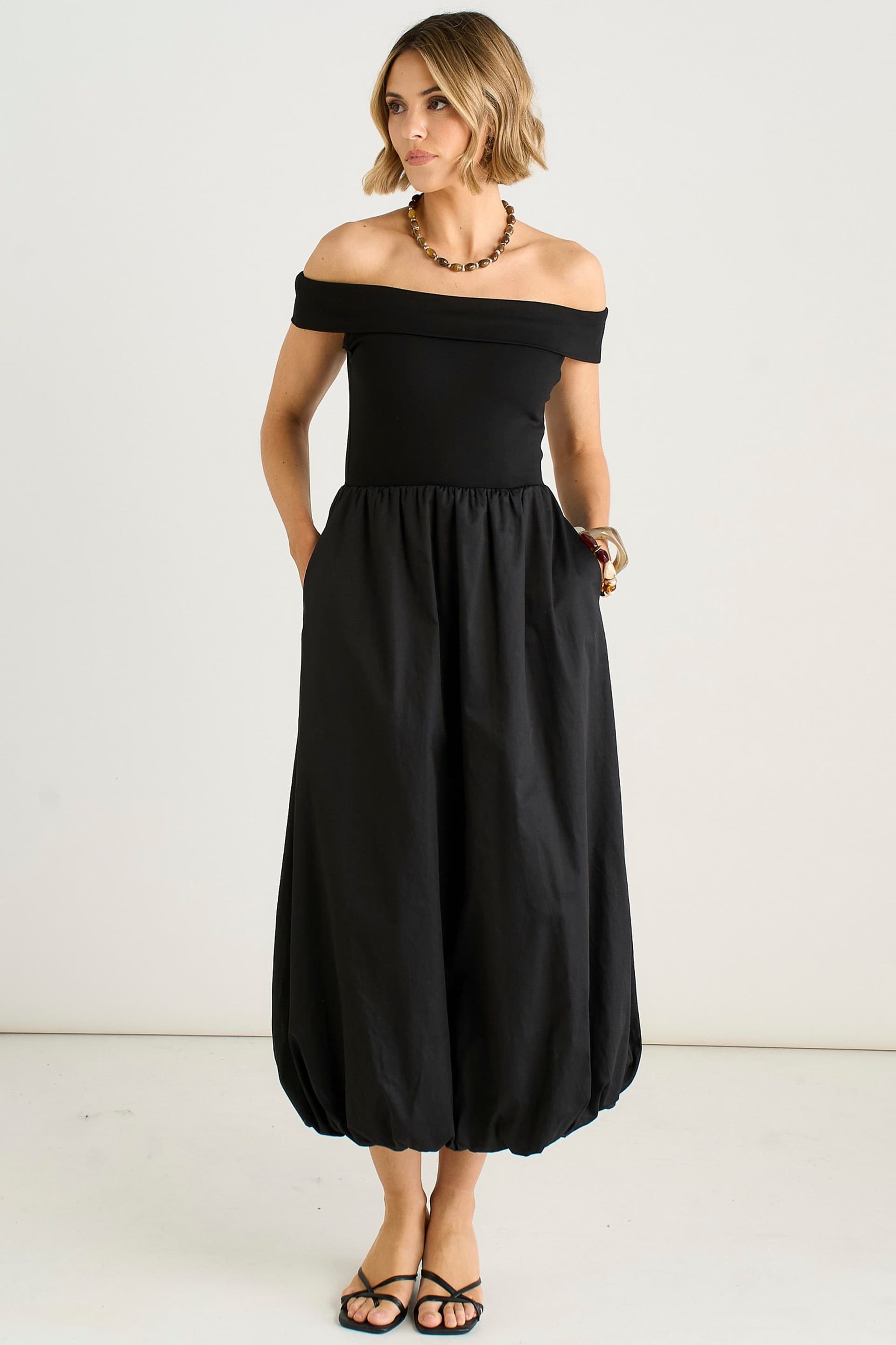 Gini London Gini London Women's Black Bardot Jersey Mix Puff Ball Midi Dress