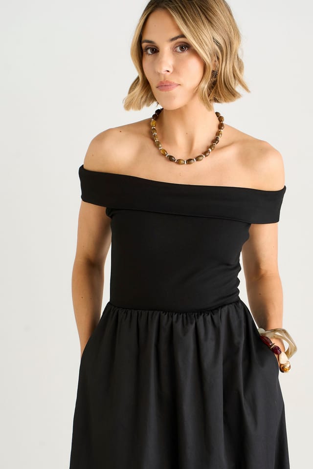 Gini London Gini London Women's Black Bardot Jersey Mix Puff Ball Midi Dress - 2