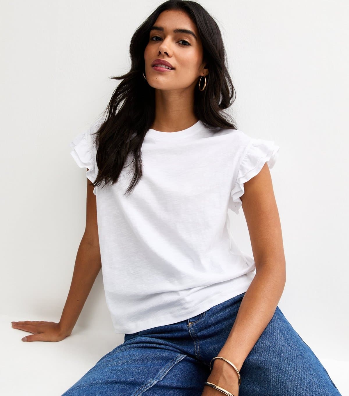 New Look Women's White Cotton Slub Frill Sleeve T-Shirt New Look