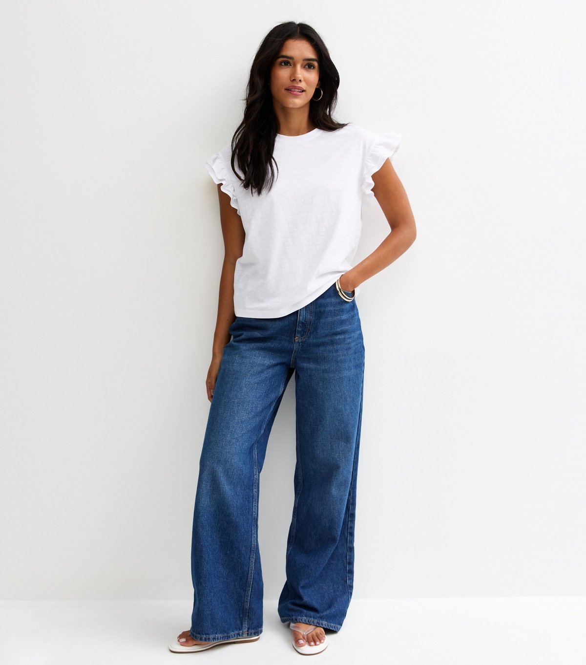 New Look Women's White Cotton Slub Frill Sleeve T-Shirt New Look - 3