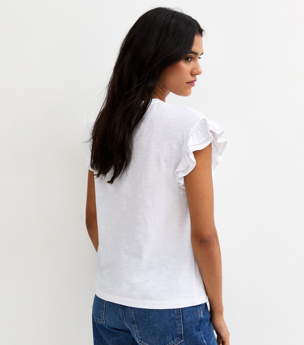 New Look Women's White Cotton Slub Frill Sleeve T-Shirt New Look - 4