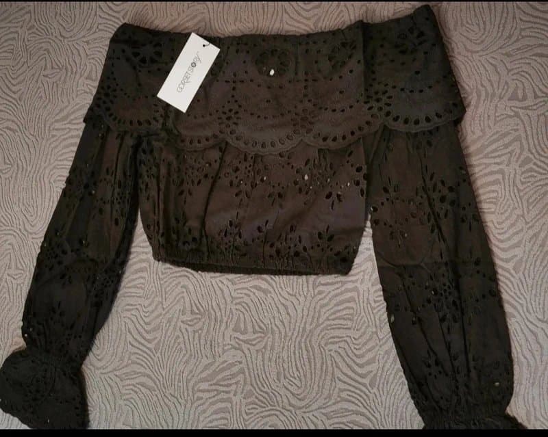 Corset Story Corset Story Black Anglaise Embroidery Bardot Off Shoulder Long Sleeve Summer Crop Top Size 4 UK